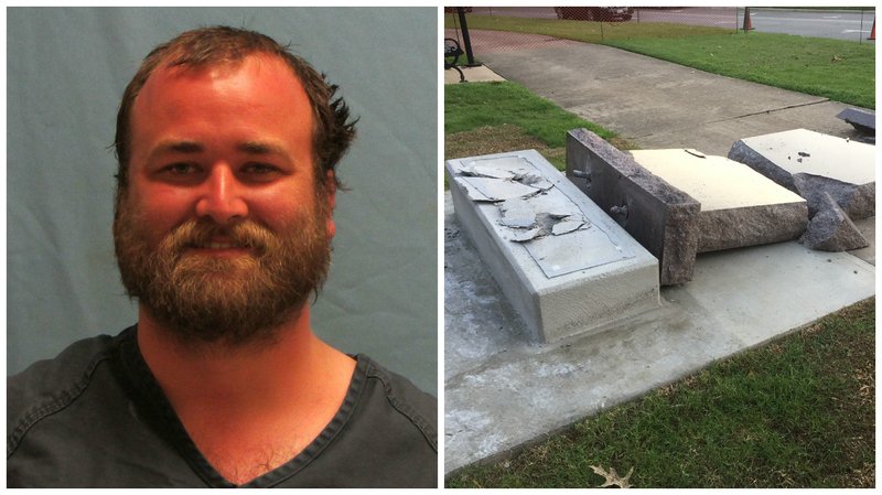 Michael Tate Reed, 32, of Van Buren and the Ten Commandments statue he is accused of knocking over with his vehicle.