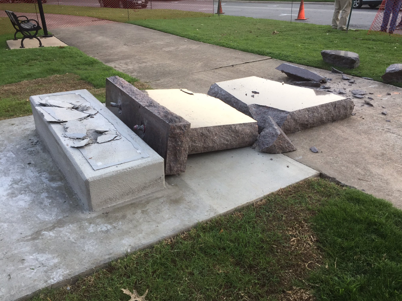 The Ten Commandments monument at the Arkansas Capitol was toppled and destroyed a day after it was installed.