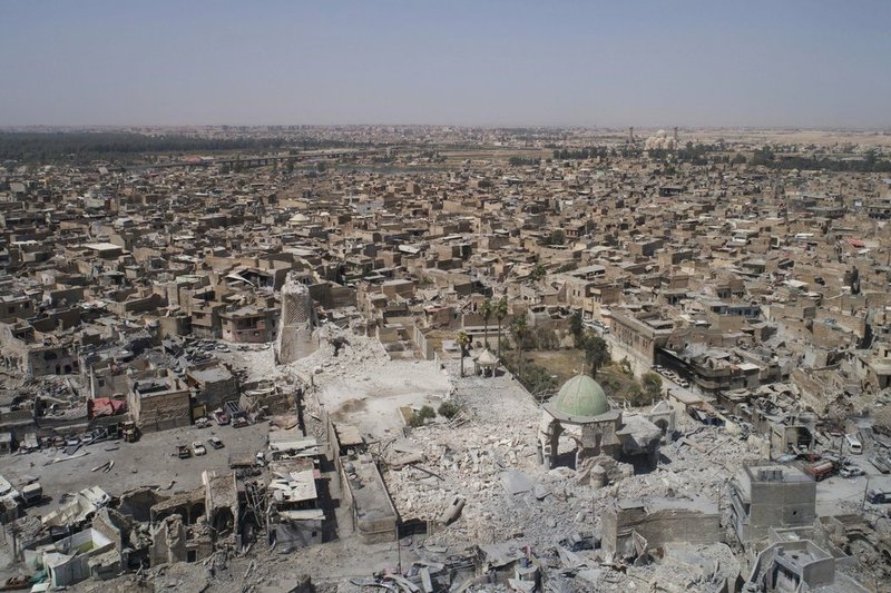 This Wednesday, June 28, 2017, photo, shows an aerial view of the destroyed landmark al-Nuri mosque in the Old City of Mosul, Iraq. 
