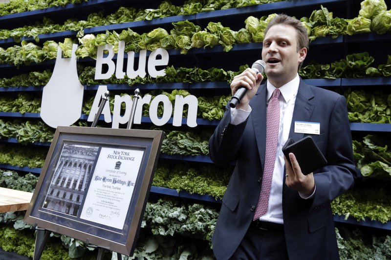 Blue Apron CEO Matt Salzberg addresses company employees outside the New York Stock Exchange before the IPO begins trading, Thursday, June 29, 2017. (AP Photo/Richard Drew)