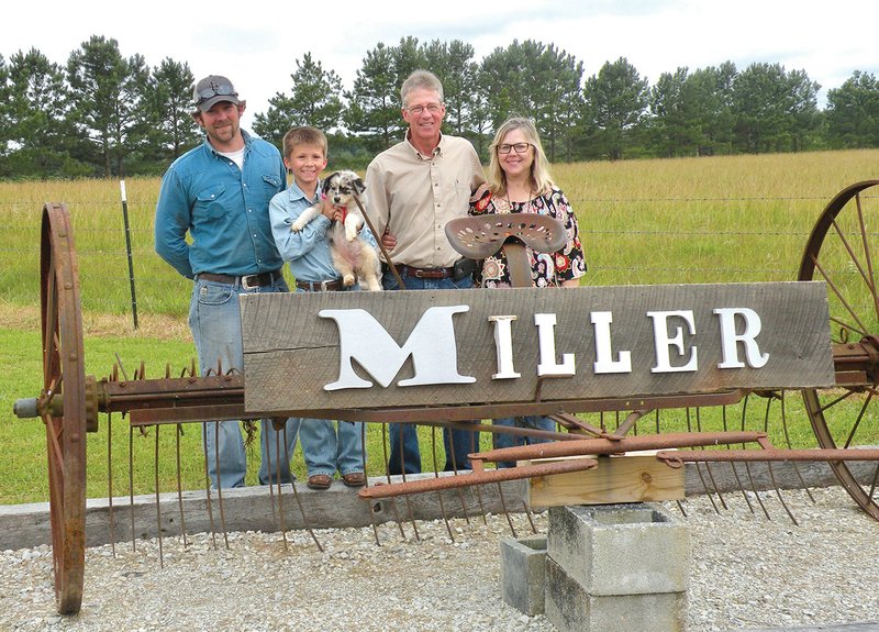 The Doug Miller family of Zion is the 2017 Izard County Farm Family of the Year. Family members standing behind an antique hay rake that belonged to Doug’s grandfather are, from left, Dan Miller and his son, Ty, with the family dog, Molly, and Doug and Tammy Miller. Several family members were not available for this photo.