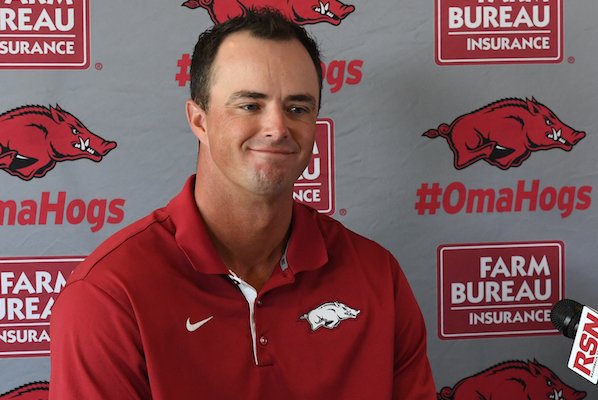 Newly hired assistant Arkansas assistant coach Nate Thompson takes questions from the press at Baum Stadium Wednesday June 28, 2017. Thompson formerly coached at Missouri State. 