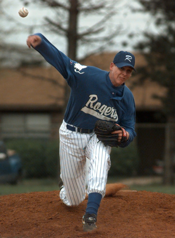 Rogers High’s Nate Melson delivers a pitch against Springdale during his senior season in 1997. Melson was selected that summer by the Minnesota Twins in the sixth round of the Major League Baseball First-Year Player Draft.