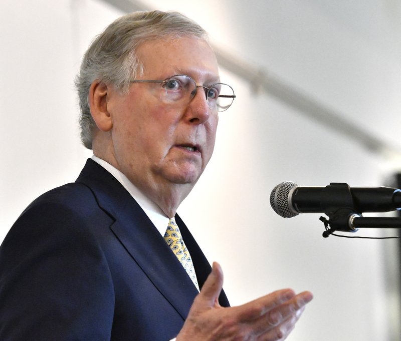 Senate Majority Leader Mitch McConnell, R-Ky., speaks to the audience at the Lincoln Day Dinner, Friday, June 30, 2017, in Elizabethtown, Ky. 