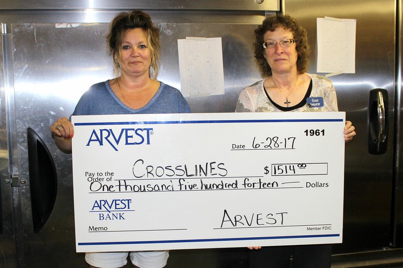 MEGAN DAVIS MCDONALD COUNTY PRESS/Crosslines Director Angie Martin (left) accepts a check in the amount of $1,514 from Sue Willman (right) of Arvest Bank in Anderson. The proceeds are a result of the recent Million Meal Campaign held by Arvest branches in Noel and Anderson.