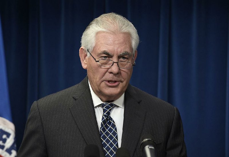 In this March 6, 2017, file photo, Secretary of State Rex Tillerson makes a statement on issues related to visas and travel at the U.S. Customs and Border Protection office in Washington. 