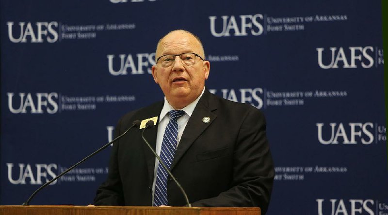 University of Arkansas-Fort Smith Chancellor Paul Beran, speaks Wednesday, June 7, 2017, during a ceremony at the University of Arkansas-Fort Smith campus.