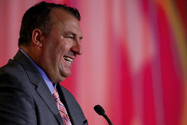 Arkansas coach Bret Bielema speaks during the Southeastern Conference's annual media gathering, Monday, July 10, 2017, in Hoover, Ala. (AP Photo/Butch Dill)	