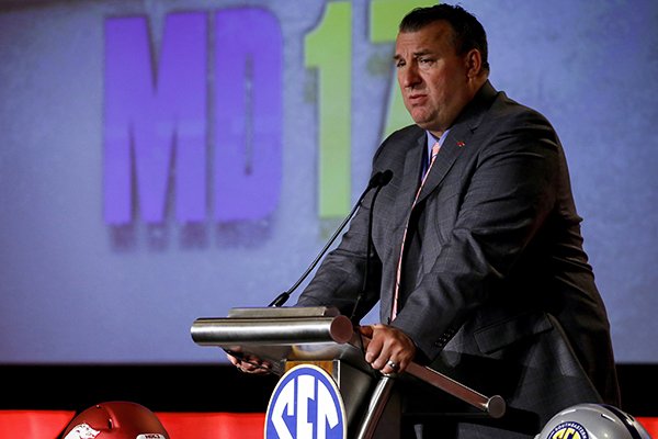Arkansas coach Bret Bielema speaks during the Southeastern Conference's annual media gathering, Monday, July 10, 2017, in Hoover, Ala. (AP Photo/Butch Dill)

