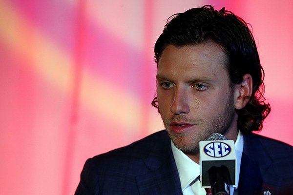 Arkansas quarterback Austin Allen speaks during the Southeastern Conference's annual media gathering, Monday, July 10, 2017, in Hoover, Ala. (AP Photo/Butch Dill)

