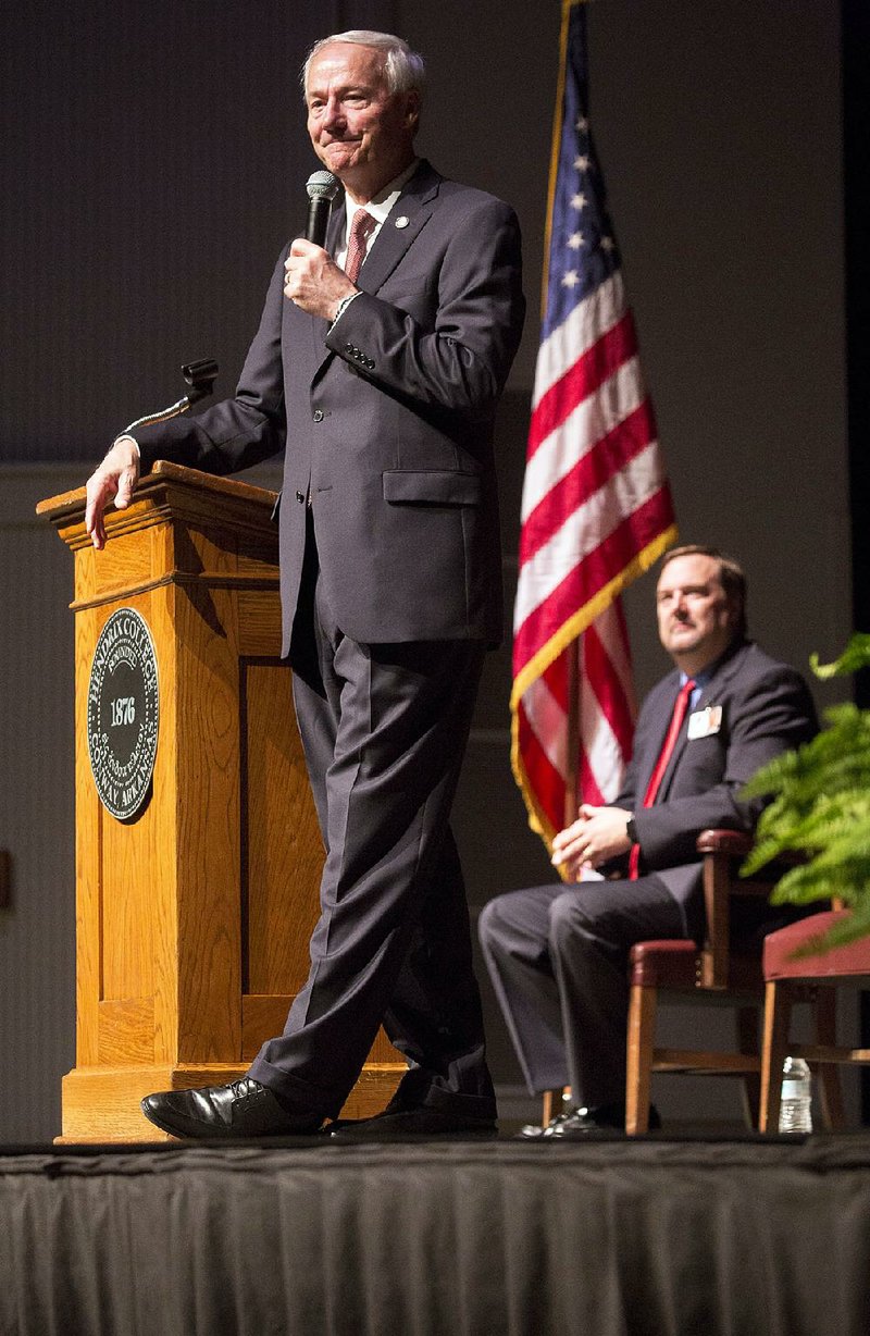 Gov. Asa Hutchinson takes questions from Arkansas Governor’s School participants Monday after giving a speech about public service. Arkansas Governor’s School, held at Hendrix College in Conway, is a six-week educational summer program for 400 gifted and talented upcoming seniors from high schools all over the state.