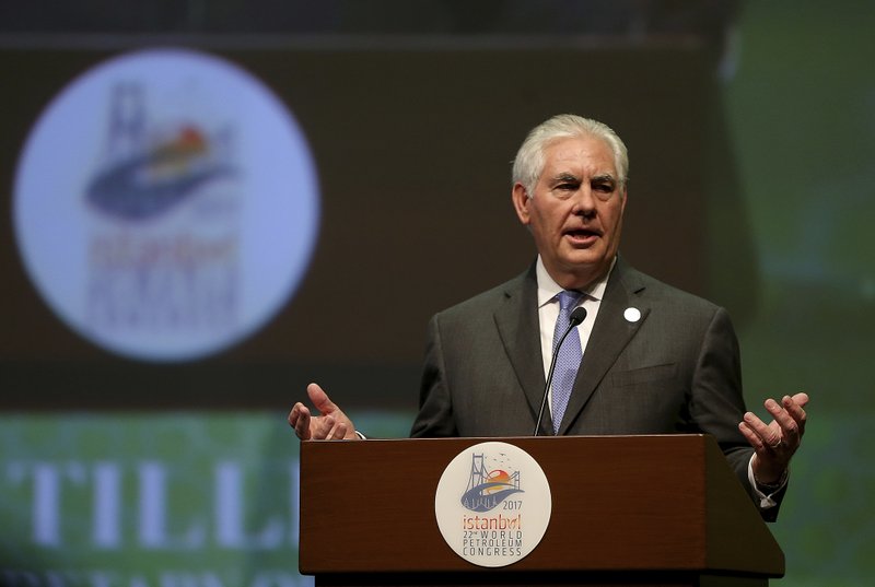 U.S. Secretary of State Rex Tillerson gestures as he delivers a speech at the World Petroleum Congress, hosted by Istanbul, Turkey, Sunday, July 9, 2017.  