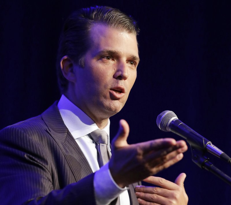 FILE - In this May 8, 2017 file photo, Donald Trump Jr. speaks in Indianapolis. President Donald Trump&#x2019;s eldest son acknowledged Monday, July 10, 2017, that he met a Russian lawyer during the 2016 presidential campaign to hear information about his father&#x2019;s Democratic opponent, Hillary Clinton. (AP Photo/Darron Cummings, File)