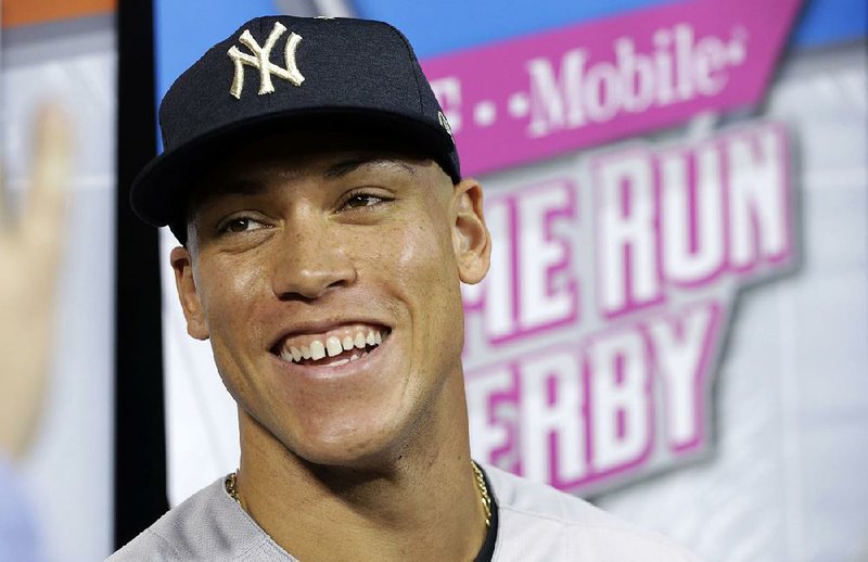 New York Yankees' Aaron Judge talks during a media availability before the All-Star Home Run Derby, Monday, July 10, 2017, in Miami.