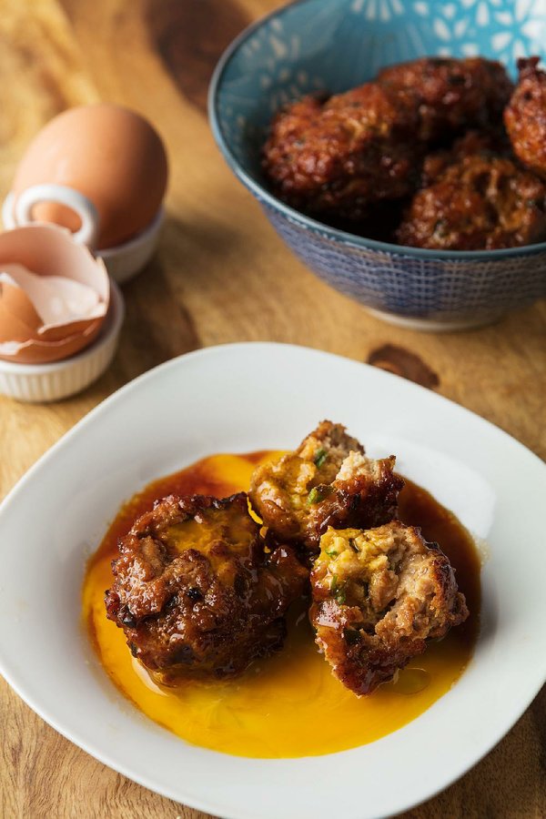 Chicken meatballs get saucy with egg yolks