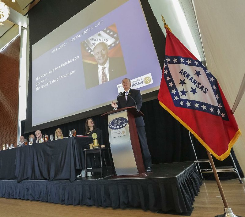 Gov. Asa Hutchinson spoke to the Rotary Club of Little Rock on Tuesday at the Clinton Presidential Center on topics including progress on cutting the waiting list for home-based services for people with disabilities and the state’s role in helping Little Rock deal with violent crime.