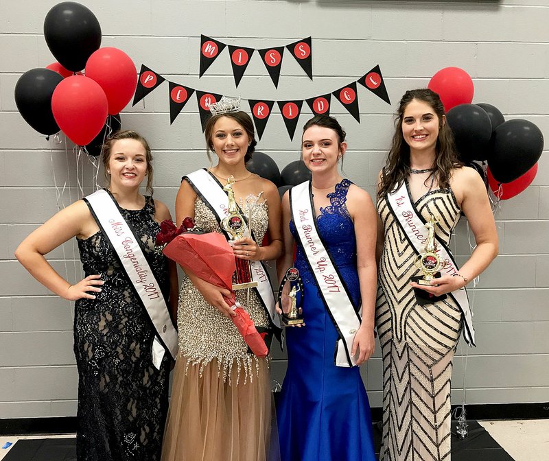 Miss Makenzie Trimble was crowned Miss Pea Ridge 2017 in the 68th annual Miss Pea Ridge pageant Friday night. Miss Kieleigh Williams, right, was named first runner up and audience favorite; Miss Colby Creech, second from right, was named second runner up; and Miss Colby Willett, left, was named Miss Congeniality.