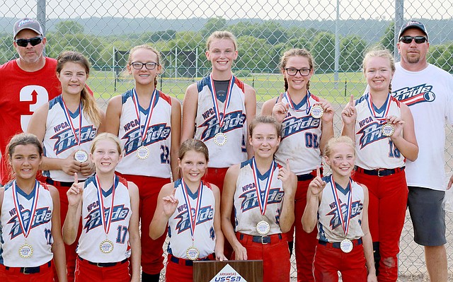 Photo submitted The Gentry Pride, a 12-and-under softball team with players from Siloam Springs, Gentry, Gravette and Colcord, Okla., finished first in the USSSA 12c State Championship tournament in Russellville on July 1-2. The team will be traveling to two USSSA national tournaments in July; first heading to Bixby, Okla., on Friday through Sunday, and Kansas City, Mo., on July 19-23.