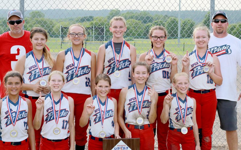 Photo submitted The Gentry Pride, a 12-and-under softball team with players from Siloam Springs, Gentry, Gravette and Colcord, Okla., finished first in the USSSA 12c State Championship tournament in Russellville on July 1-2. The team will be traveling to two USSSA national tournaments in July; first heading to Bixby, Okla., on Friday through Sunday, and Kansas City, Mo., on July 19-23.