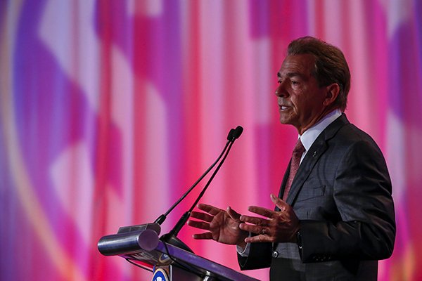 Alabama football coach Nick Saban speaks during the Southeastern Conference's annual media gathering, Wednesday, July 12, 2017, in Hoover, Ala. (AP Photo/Butch Dill)

