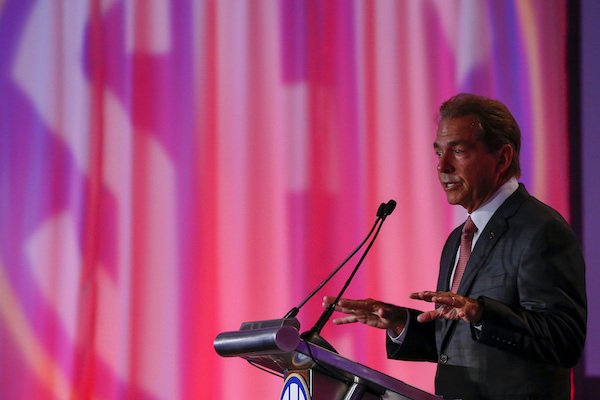 Alabama NCAA college football coach Nick Saban speaks during the Southeastern Conference's annual media gathering, Wednesday, July 12, 2017, in Hoover, Ala. (AP Photo/Butch Dill)