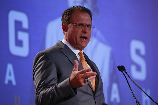Auburn NCAA college football coach Gus Malzahn speaks during the Southeastern Conference's annual media gathering, Thursday, July 13, 2017, in Hoover, Ala. (AP Photo/Butch Dill)