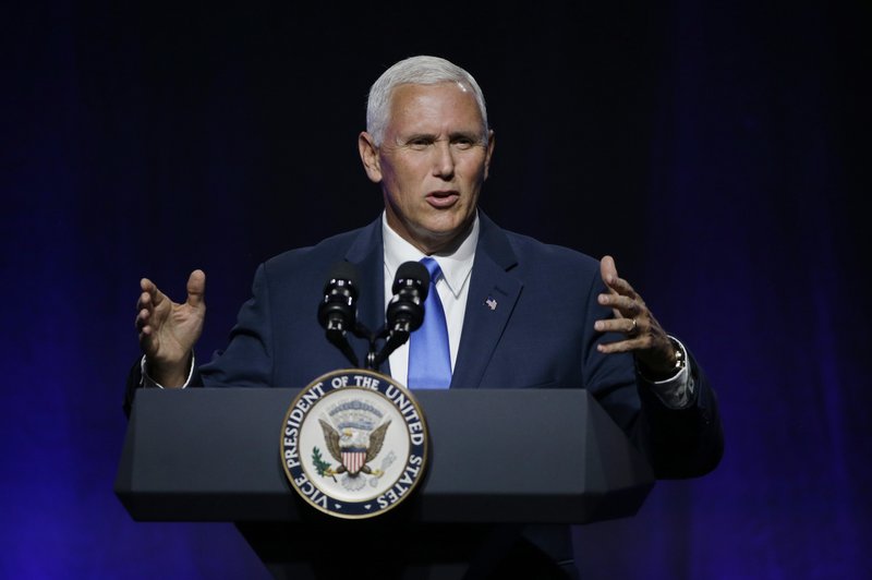 Vice President Mike Pence addresses a National Governors Association session titled "Collaborating to Create Tomorrow's Global Economy" at the second day of the NGA meeting Friday, July 14, 2017, in Providence, R.I. (AP Photo/Stephan Savoia)