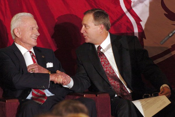 Frank Broyles (left) and Jeff Long.