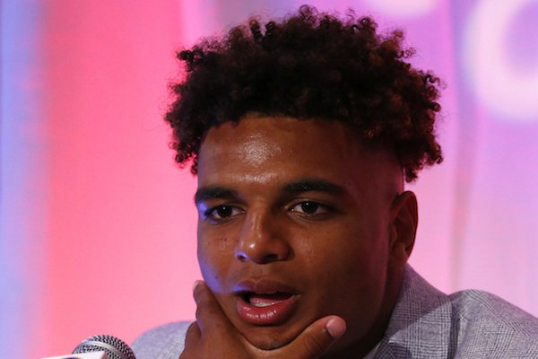 Alabama NCAA college football player Minkah Fitzpatrick speaks during the Southeastern Conference's annual media gathering, Wednesday, July 12, 2017, in Hoover, Ala. (AP Photo/Butch Dill)