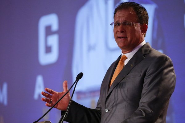 Auburn NCAA college football coach Gus Malzahn speaks during the Southeastern Conference's annual media gathering, Thursday, July 13, 2017, in Hoover, Ala. (AP Photo/Butch Dill)