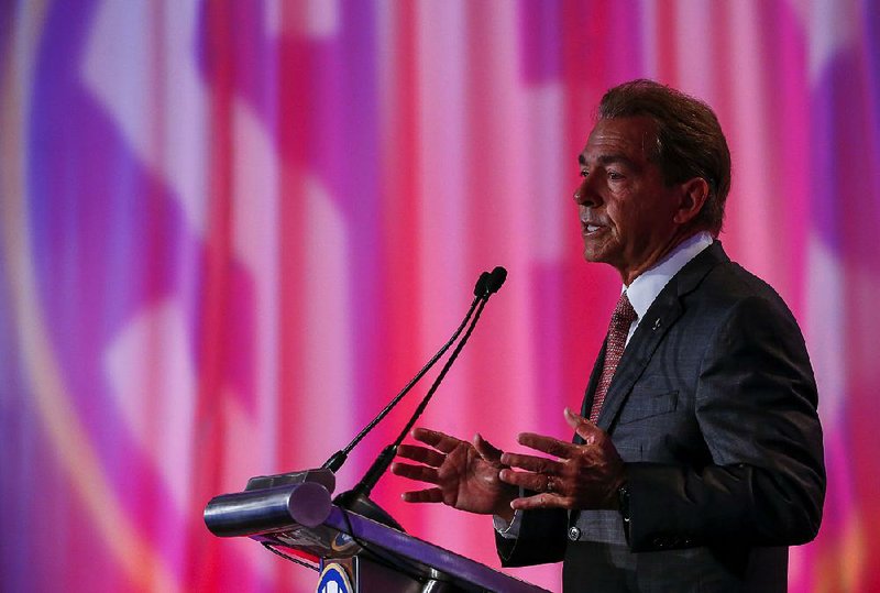 Alabama NCAA college football coach Nick Saban speaks during the Southeastern Conference's annual media gathering, Wednesday, July 12, 2017, in Hoover, Ala. (AP Photo/Butch Dill)