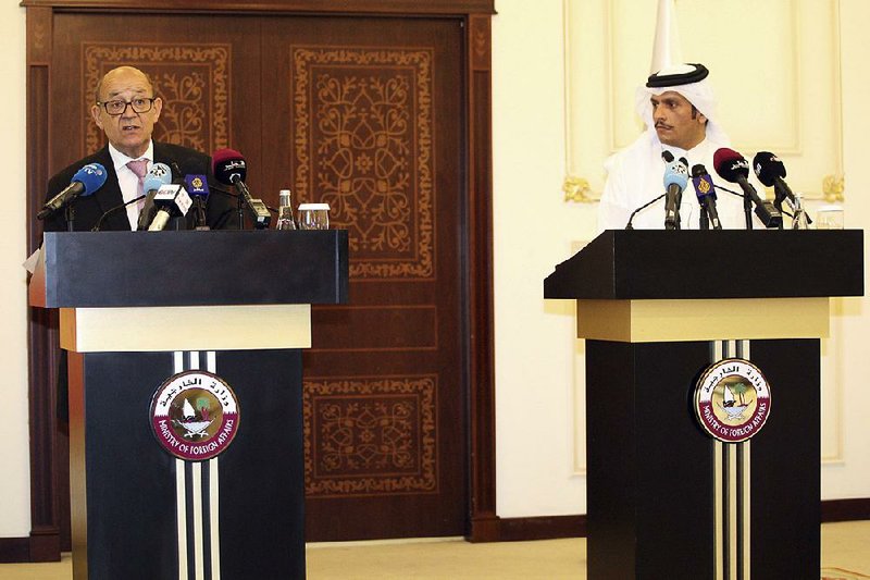 Foreign Ministers Jean-Yves Le Drian of France and Mohammed bin Abdulrahman al-Thani of Qatar call Saturday in Doha for an end to punitive measures against Qatar. 