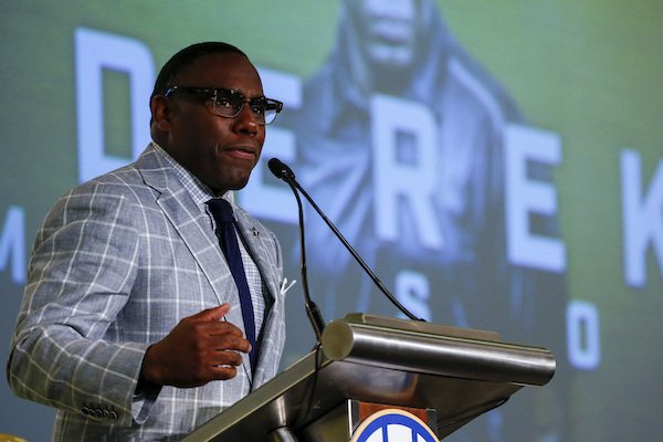Vanderbilt NCAA college football coach Derek Mason speaks during the Southeastern Conference's annual media gathering, Tuesday, July 11, 2017, in Hoover, Ala. (AP Photo/Butch Dill)