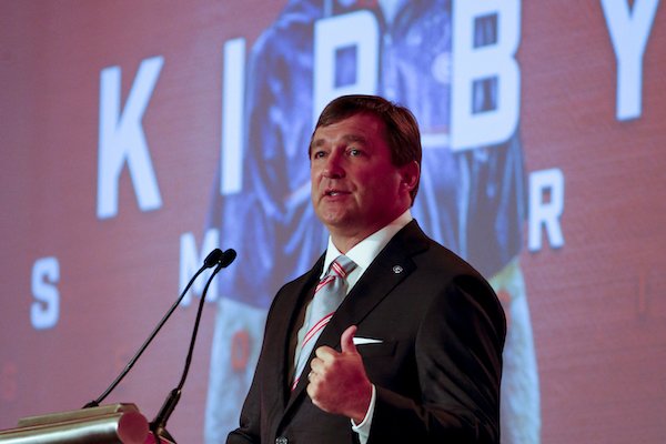 Georgia NCAA college football coach Kirby Smart speaks during the Southeastern Conference's annual media gathering, Tuesday, July 11, 2017, in Hoover, Ala. (AP Photo/Butch Dill)