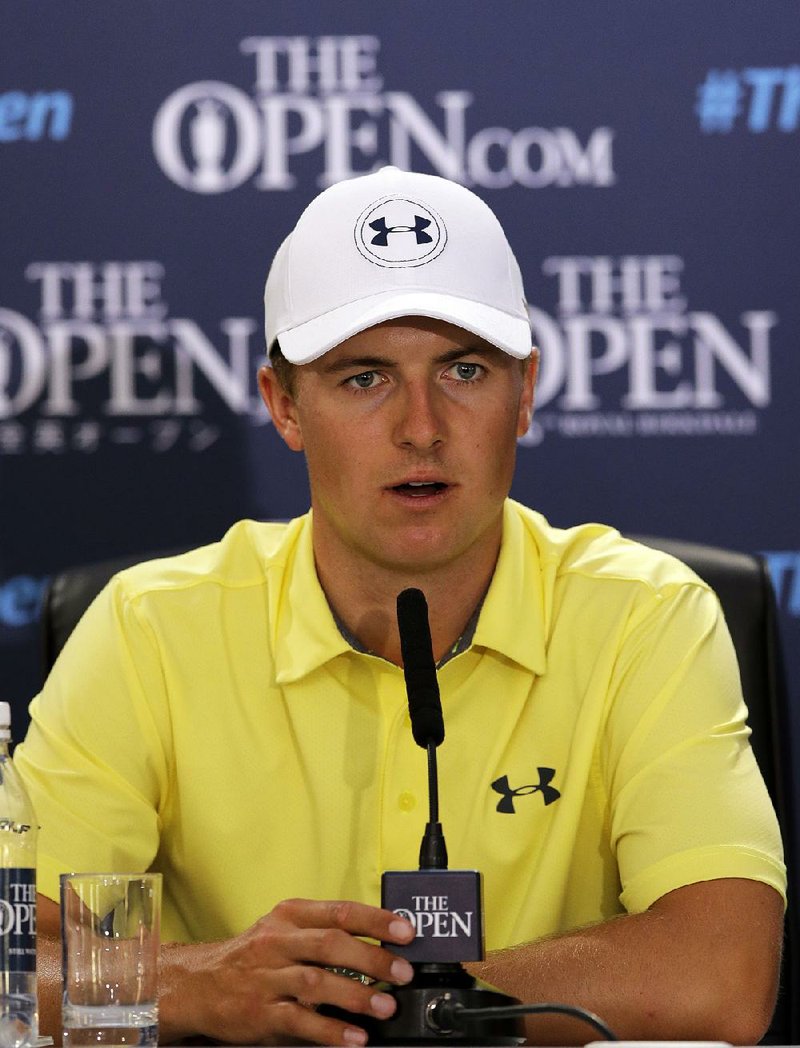 Jordan Spieth of the United States speaks during a press conference ahead of the British Open Golf Championship, at Royal Birkdale, Southport, England Tuesday, July 18, 2017.