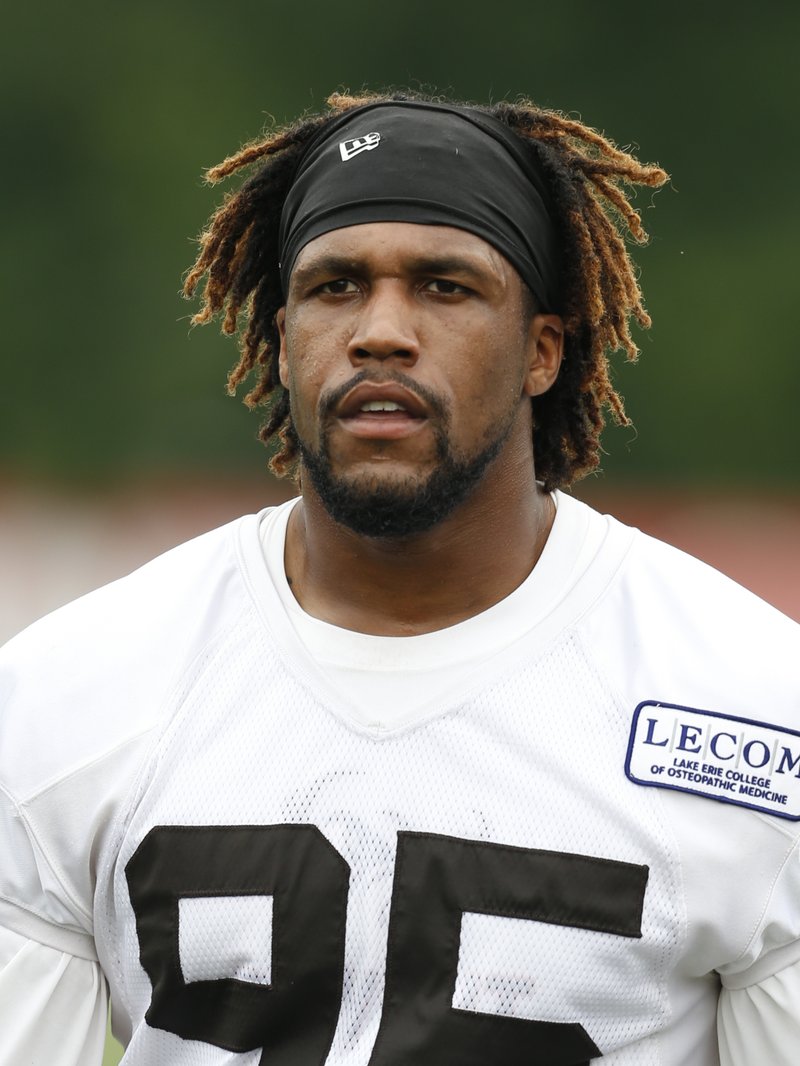 FILE - In this July 29, 2016, file photo, Cleveland Browns outside linebacker Armonty Bryant is shown during a practice session at the NFL football team's training camp in Berea, Ohio. Detroit Lions defensive end Armonty Bryant has been suspended for the first four games of the season for violating the NFL's substance-abuse policy, Tuesday, July 18, 2017. (AP Photo/Ron Schwane, File)