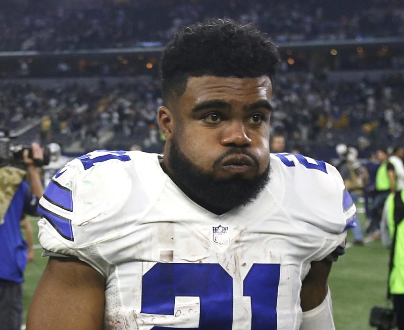 FILE - In this Jan. 15, 2017, file photo, Dallas Cowboys' Ezekiel Elliott (21) walks off the field after a 34-31 loss to the Green Bay Packers in an NFL divisional playoff football game, in Arlington, Texas. Cowboys owner Jerry Jones says the club is still gathering details over Elliott's involvement in an altercation at a Dallas bar, the latest off-field incident for the star running back. (AP Photo/Michael Ainsworth, File)