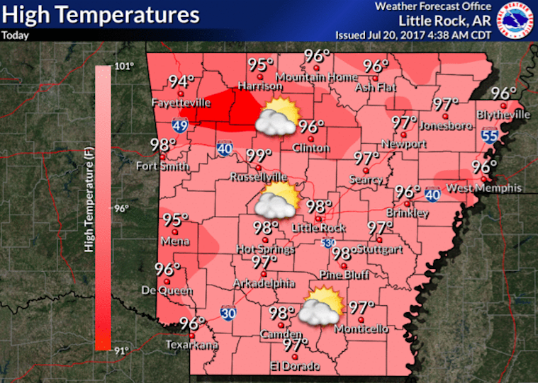 National Weather Service Little Rock high temperature forecast for Thursday, July 20. 