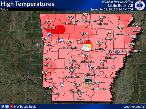 This National Weather Service graphic shows forecast high temperatures in Arkansas Friday.