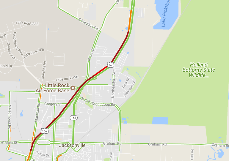 A screenshot of the Arkansas Online traffic map taken around 8 a.m. Friday.