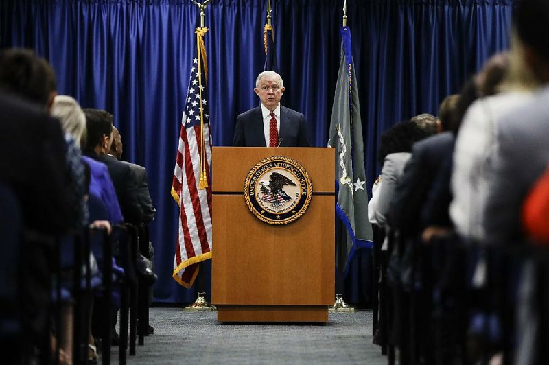 Attorney General Jeff Sessions speaks at the U.S. attorney’s office on Friday in Philadelphia. In his address to federal prosecutors, he singled out the city for its sanctuary policies on immigration.