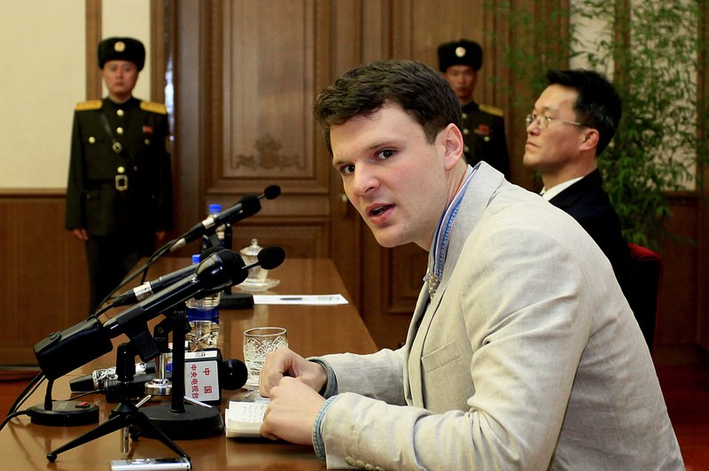 In this Feb. 29, 2016 file photo, American student Otto Warmbier speaks as Warmbier is presented to reporters in Pyongyang, North Korea. U.S. officials say the Trump administration will ban American citizens from traveling to North Korea following the death of university student Otto Warmbier, who passed away after falling into a coma into a North Korean prison. 
