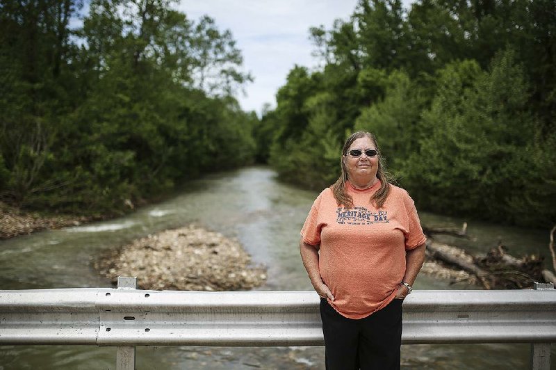 Sharon Pierce of Mount Judea stands over Big Creek near its confl uence with the Buffalo River. Pierce, who taught the owners of C&H Hog Farms in school, said she supports the operation but would be against another farm of that size moving into the area.