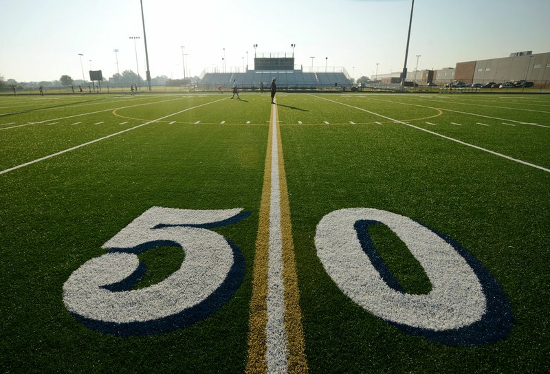 A view of the stadium Thursday looking toward the visitors side press box and bleachers at Bentonville West High School in Centerton.