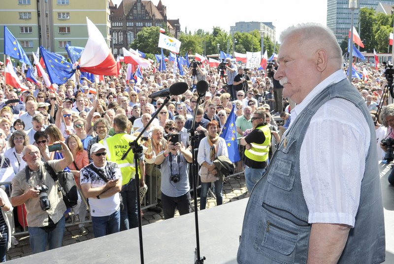 Polish democracy icon and ex-President Lech Walesa addresses a large crowd of anti-government protesters in Gdansk, Poland, Saturday, July 22, 2017. Walesa's speech in Gdansk came amid mass nationwide protests over a plan by the ruling conservative Law and Justice party that would put the Supreme Court and the rest of the judicial system under political control. 