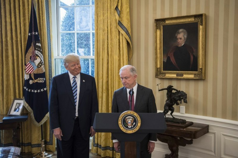 President Trump at the swearing-in ceremony for Attorney General Jeff Sessions in February. Sessions had initially failed to disclose his meetings with Russian Ambassador Sergey Kislyak during his confirmation process. MUST CREDIT: Jabin Botsford, The Washington Post.