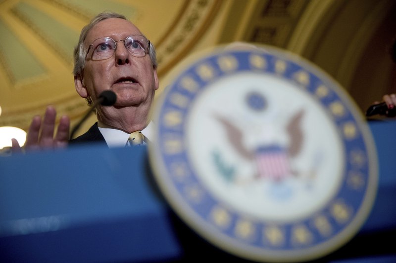 In this July 18, 2017 photo, Senate Majority Leader Mitch McConnell of Ky. speaks at a news conference on Capitol Hill in Washington. There are many reasons why the Senate will probably reject Republicans&#x2019; crowning bill razing much of &#x201c;Obamacare.&#x201d; There are fewer why Senate Majority Leader Mitch McConnell might revive it and avert a GOP humiliation. (AP Photo/Andrew Harnik)