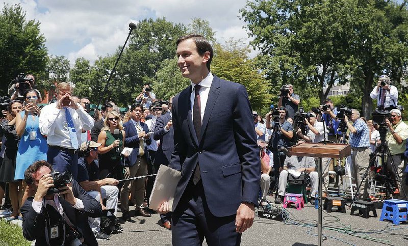 White House senior adviser Jared Kushner walks away after speaking to reporters outside the White House on Monday. Earlier, he met privately with the Senate Intelligence Committee.