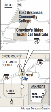 A map showing the location of East Arkansas Community College and Crowley’s Ridge Technical Institute