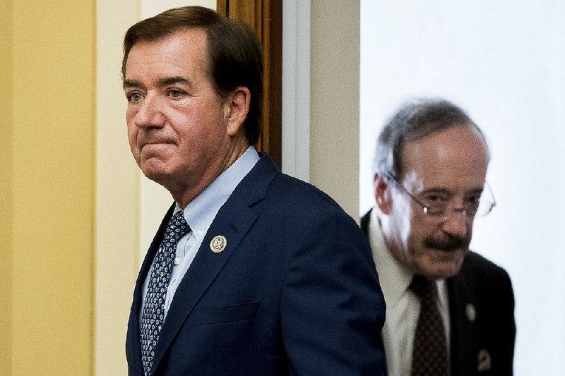 House Foreign Affairs Committee Chairman Rep. Ed Royce, R-Calif., left, followed by the committee's ranking member Rep. Eliot Engel, D-N.Y., arrive on Capitol Hill in Washington, Wednesday, June 28, 2017, for the committee's hearing with U.S. Ambassador to the UN Nikki Haley testifying on advancing U.S. interests at the United Nations. 